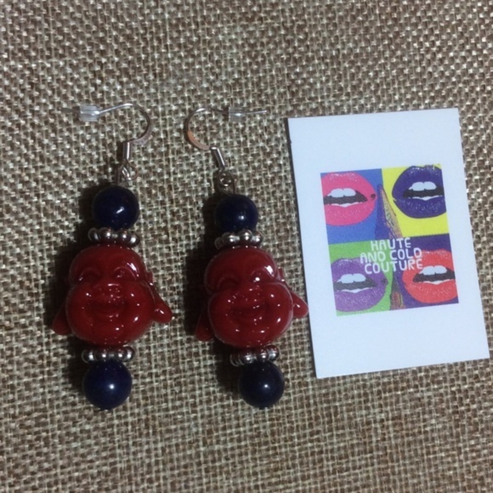 NEW Handmade Red and Blue Buddha Resin Earrings
